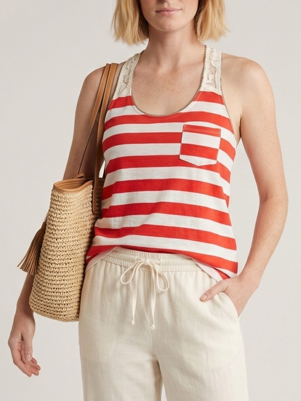Nordstrom Collective Concept’s Red Striped Lace tank top Coastal Resortwear